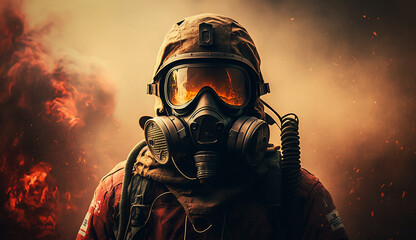 Strong firefighter in protective suit and helmet next to a big fire with lots of smoke. Generative AI	 - obrazy, fototapety, plakaty