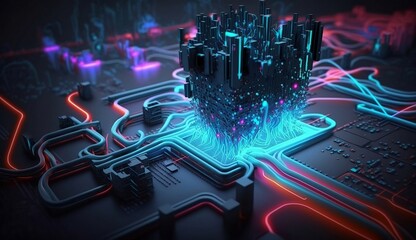 3D render, abstract microchip CPU motherboard electronic board. Illuminated with neon lights. Generative AI