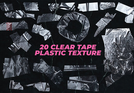 Pack of 20 realistic transparent adhesive tape strips isolated on black background, crumpled clear plastic sticky snips texture overlay