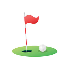Golf flag and ball on the grass isolated on white background. Red golf pennant. Golf hole logo icon. Vector stock