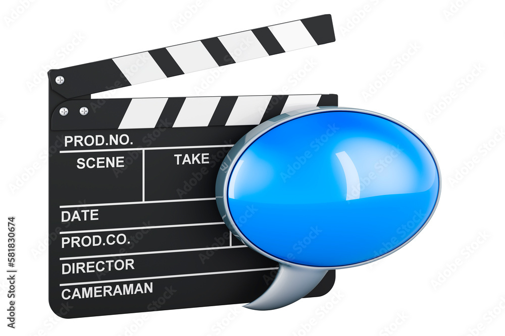 Poster movie clapper with speech bubble, 3d rendering