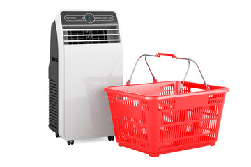 Shopping basket with mobile air conditioner, 3D rendering