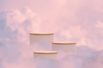 Surreal podium outdoor on blue sky pink violet pastel soft clouds with space.Beauty cosmetic...