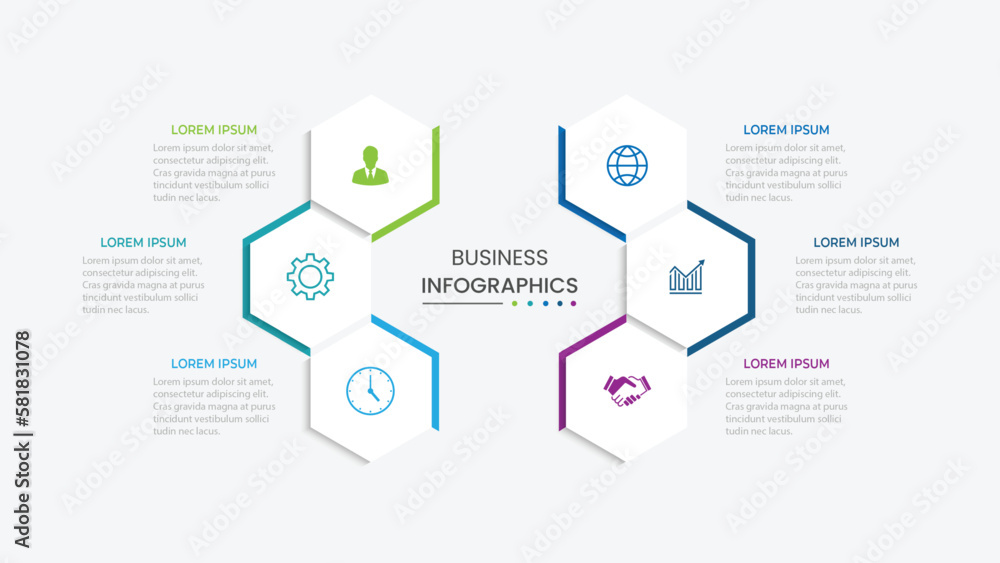 Poster business infographic design with 6 options. vector thin line label with hexagons template.