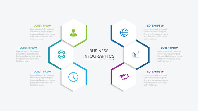 Business infographic design with 6 options. Vector thin line label with hexagons template.