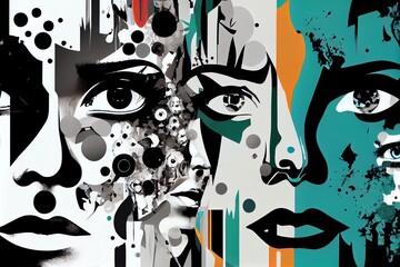 Abstract Background With Faces Collage Black And White And Colours Elements, Psychology, Stress Wallpaper Illustration. Generative AI