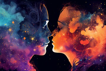 A Couple Man And Woman Kissing On Colorful Background With Stars And Smoke, Digital Illustration. Generative AI