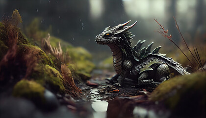 little dragon lost in forest in the rain by generative ai