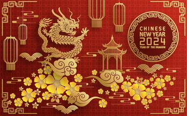 Happy chinese new year 2024 year of the chinese dragon zodiac with on color Background. ( Translation : happy new year, chinese dragon )