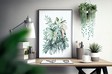 Watercolor Illustration of a A Vertical Wall Art Poster Frame Mockup Hanging On A Wall Above A Desk With A Plant. Generative AI