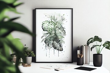 Watercolor Illustration of a A Vertical Wall Art Poster Frame Mockup Hanging On A Wall Above A Desk With A Plant. Generative AI