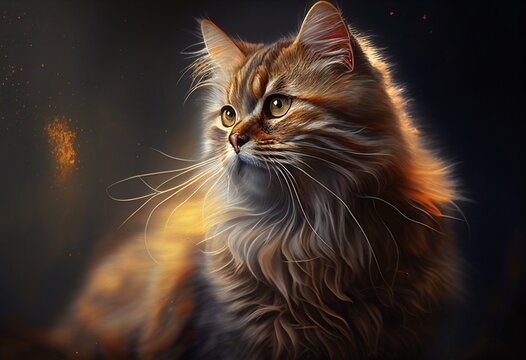 Orange fluffy cat posing in front of a dark background, AI generated picture.