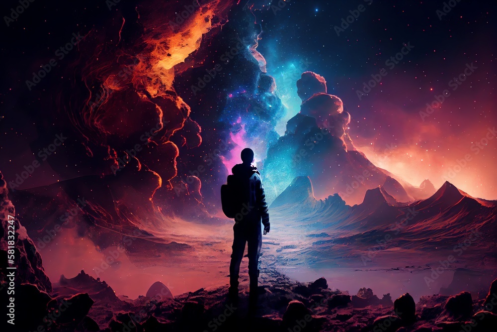 Wall mural man silhouette standing on futuristic planet surface and looking on cosmic landscape with nebula and