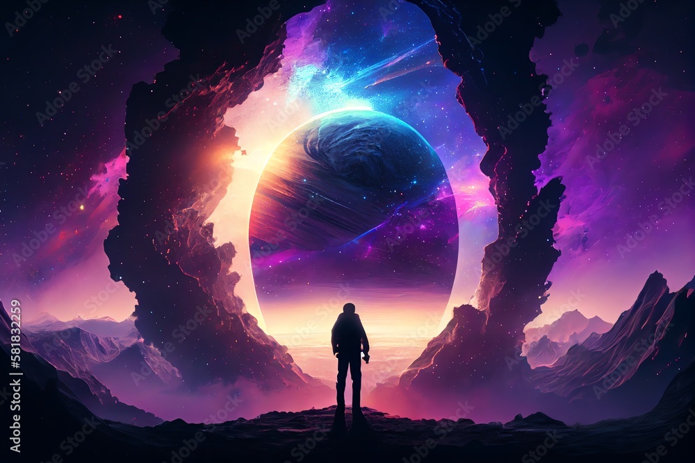 Poster man silhouette standing on futuristic planet surface and looking on cosmic landscape with nebula and