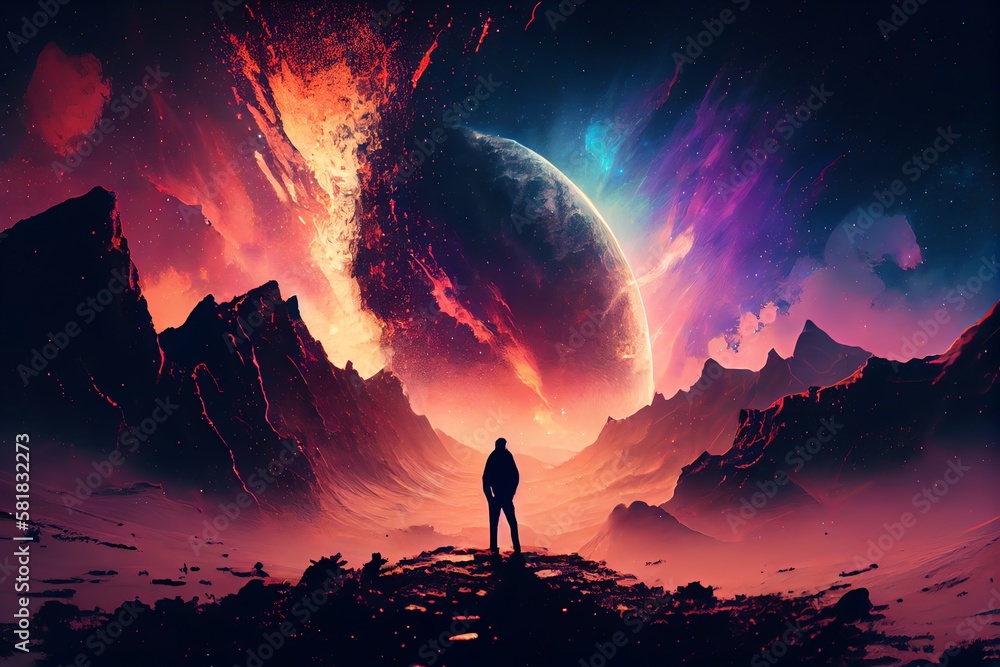 Wall mural man silhouette standing on futuristic planet surface and looking on cosmic landscape with nebula and