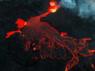 Beautiful shot of glowing red molten lava magma after the Meradalir Volcano Eruption in Iceland