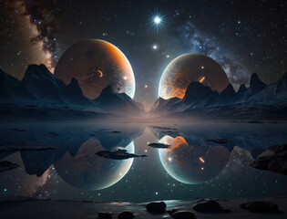 A grand and breathtaking nightscape of two planets each illuminated by their own starlight. Zodiac Astrology concept. AI generation.
