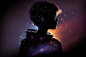 Illustration Of A Boy Looking At Night Starry Sky With Glitter Glow Galaxy Flicker Above, Idea For Prayer Of Hope, Love, Peace Theme. Generative AI
