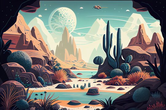 Illustration Of Extraterrestrial Exploration, An Alien Landscape With Floating Rocks And Plants. Generative AI