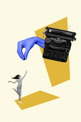 Fototapeta Creative retro 3d magazine collage image of lady arm typing vintage typewriter isolated painting background obraz