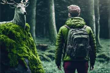 Fototapeta premium During a forest expedition, a young hiker uncovers a gigantic deer statue hidden under layers of moss and lichen. Fantasy concept , Illustration painting. Generative AI