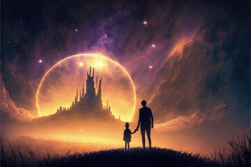 In the darkness, a father and daughter behold mysterious fortresses outlined against a glowing world. Fantasy concept , Illustration painting. Generative AI