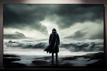 Beautiful Seascape In Black Cloud Storm With A Man At Shore. Generative AI
