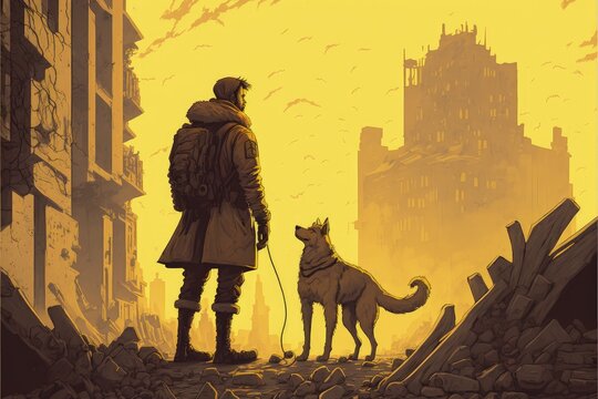 The ruins of a desolate city serve as the backdrop for a man and his loyal canine companion, standing amidst the post-apocalyptic landscape. Fantasy concept , Illustration painting. Generative AI