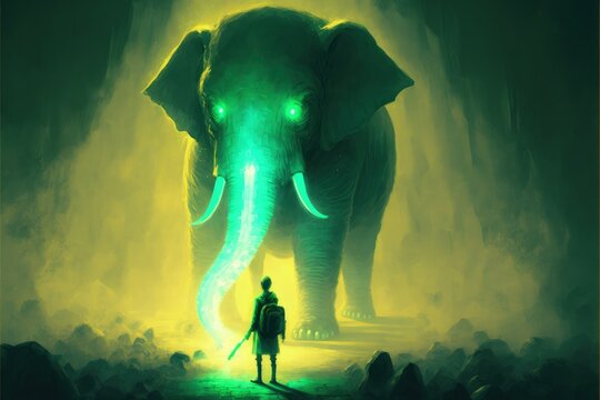 A colossal elephant with green glowing tusks confronts a young woman in a wondrous illustration. Fantasy concept , Illustration painting. Generative AI