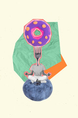 Art template collage placard opening new cafeteria cheap delicious yummy glazed donuts fork head...