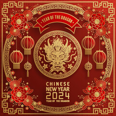 Happy chinese new year 2024 year of the chinese dragon zodiac with on color Background. ( Translation : happy new year, chinese dragon )