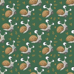 Seamless pattern with snail on green background 