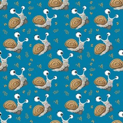 Seamless pattern with snail on blue background 