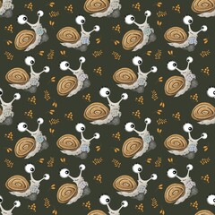 Seamless pattern with snail on dark background 