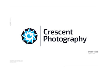 Camera Lens Logo Design with Crescent Moon Concept. Suitable for Photography Studio, Cinema or Movie Company Logo