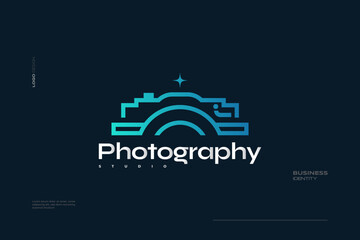 Camera Logo with Minimalist Line Concept in Blue Gradient Style. Suitable for Photography Studio, Cinema or Movie Company Logo