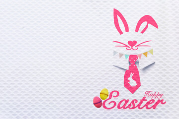 Happy Easter card background idea, Pink  Easter rabit with necktie and bunting flag and Easter egg on white texture background