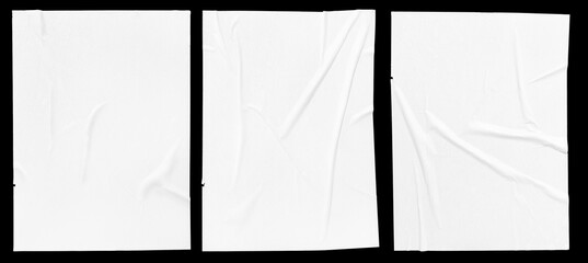 White crumpled and creased glued paper poster set isolated on white background
