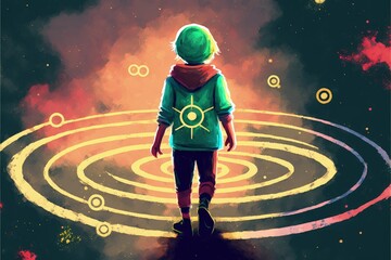 A young boy strolls upon magic circles or sacred symbols suspended in the air. Fantasy concept , Illustration painting. Generative AI