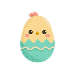 Chick hatches from egg. Cute easter decoration. Flat vector illustration on white background.