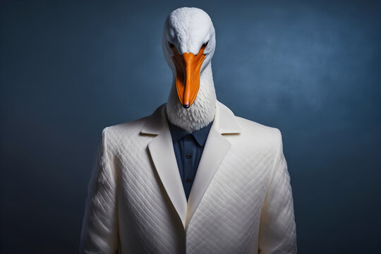 The swan in a business suit: grace and power combined, creative stock image of animals in business suit. Generative AI