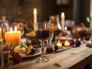 cocktail on a rustic wooden table in a bustling bar. The drink is an artful blend of colors and flavors, garnished with fresh fruit and herbs inside glass.