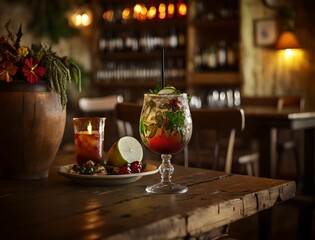 cocktail on a rustic wooden table in a bustling bar. The drink is an artful blend of colors and flavors, garnished with fresh fruit and herbs inside glass.