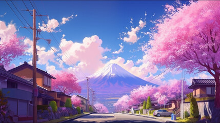 Mt fufi  with sakura trees on side of the raod, Generative AI