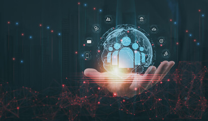 business people mock hand touch concept of global network technology Management of communications, relationships, exchange of transactional information. Customer service through media networks online 