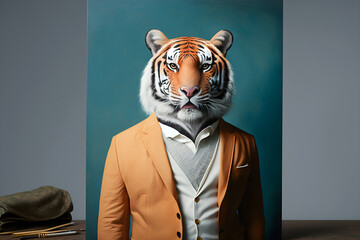 Fototapeta na wymiar the tiger in a business suit: a force to be reckoned with, creative stock image of animals in business suit. Generative AI
