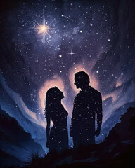 Fototapeta na wymiar A man and woman gaze up into a starfilled sky their embraced silhouettes in awe of the astrological signs. Zodiac Astrology concept. AI generation.