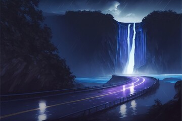 The nighttime landscape features a waterway surrounded by foreboding black clouds, with a waterfall descending from the sky. Fantasy concept , Illustration painting. Generative AI