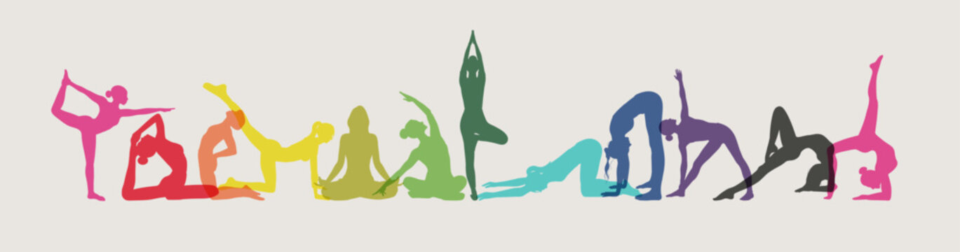 12 silhouette girls set doing yoga sport stretching in different colors on gray background for wallpaper, banners