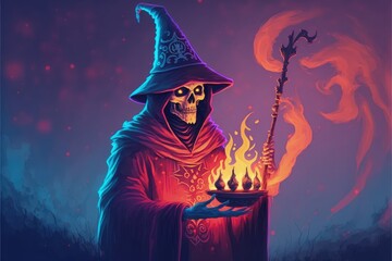 A wizard, reanimated from the dead, performs a magical incantation. Fantasy concept , Illustration painting. Generative AI